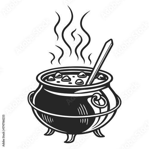 Black and white witch cauldron with steam boiling potion