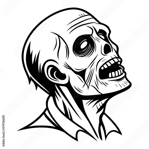 Black and white zombie head screaming horror