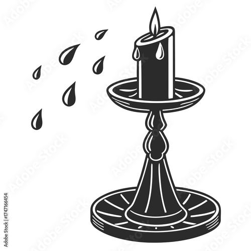Black candle in ornate holder with dripping wax candle icon