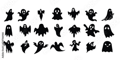 ghost, spooky, halloween, scary, phantom, spirit, apparition, silhouette, icon, symbol, character, cute, creepy, playful, various, different, collection, set, black, white, isolated, graphic, design, 
