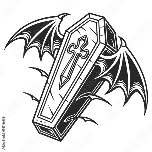 Black coffin with bat wings and cross black and white