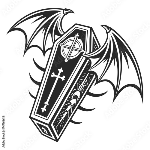 Black Coffin with Bat Wings and Cross white fantasy 2