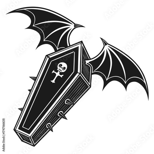Black coffin with bat wings and skull white