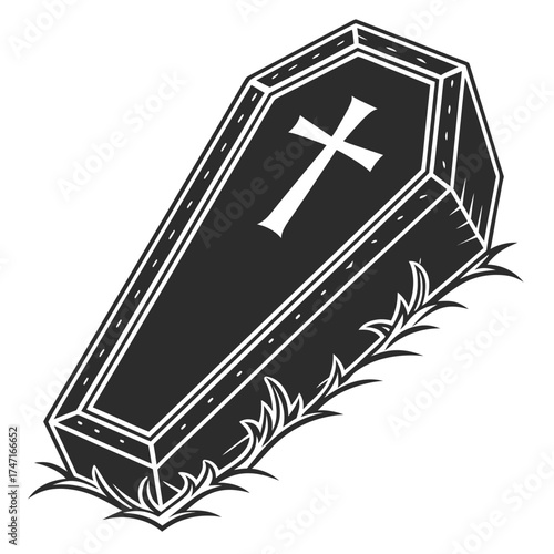Black coffin with white cross and thorny vines Christian
