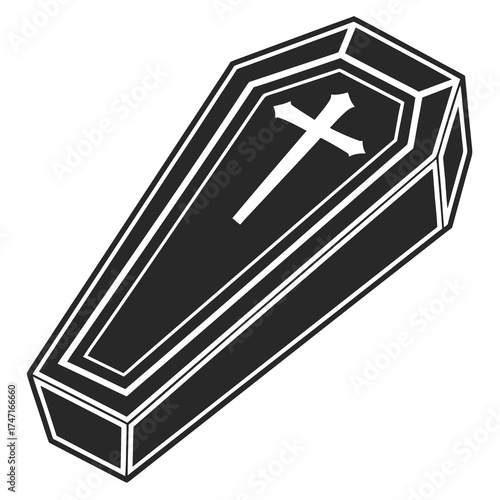 Black coffin with white cross and outline casket funeral