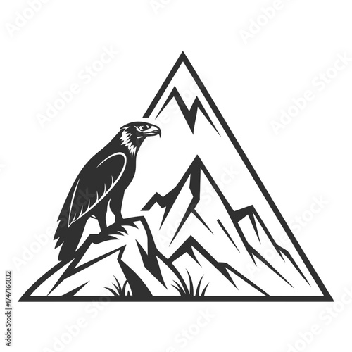 Black eagle perched on rocky mountain peak logo bird