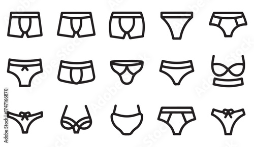 Minimalist vector collection of lingerie – clean black and white outline icons for fashion, apparel, and online store graphics