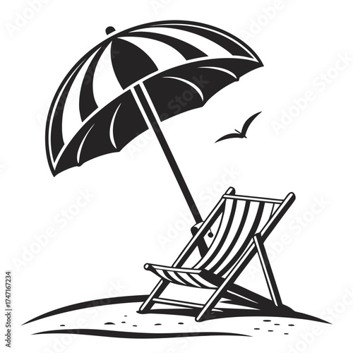 Black outline beach umbrella and striped chair on sand 1