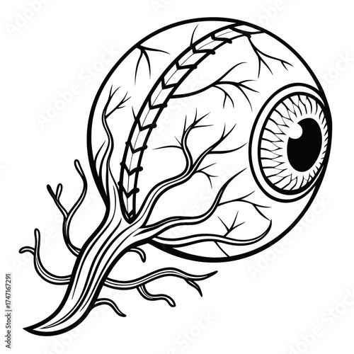 Black outline eyeball with vein pattern graphic iris
