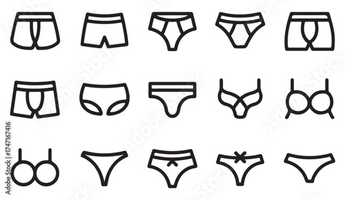 Vector set of underwear and lingerie icons – minimalist black and white line art of bras, panties, and boxers for fashion design