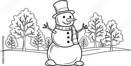 Snowman coloring page winter scene trees printable activity