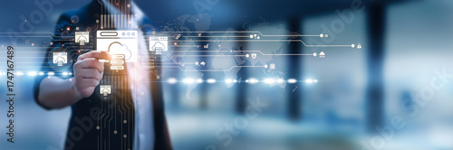 Fotografía Businessman hand hold web hosting, cloud hosting, dedicated servers, VPS hosting