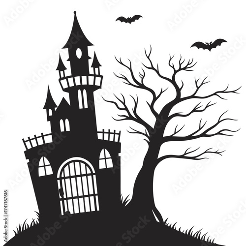 Black silhouette haunted castle tower with bare tree and bats