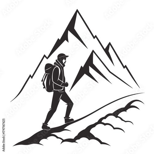 Black silhouette hiker walking on mountain path white