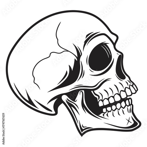 Black silhouette human skull with hollow eyes graphic