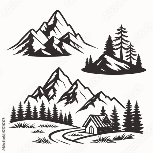 Black silhouette mountain range with pine trees and cabin