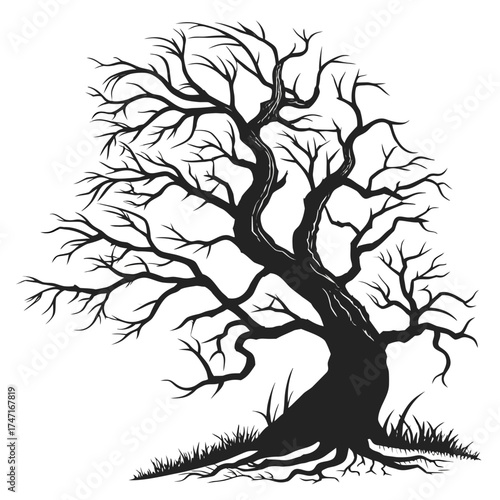 Black silhouette of a gnarled bare tree with crooked branches 3