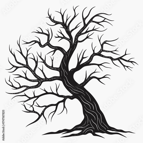 Black silhouette of a gnarled bare tree with crooked branches