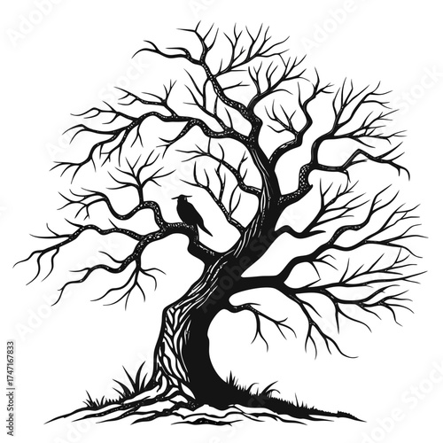 Black silhouette of a gnarled tree with a crow bird