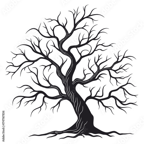 Black silhouette of a gnarled bare tree with twisted branches