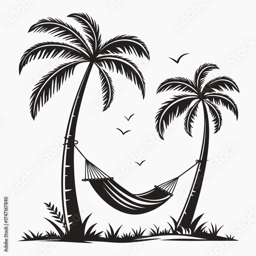 Black silhouette of a hammock between two palm trees