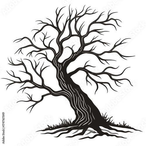 Black silhouette of a gnarled tree with crooked branches