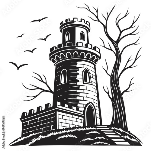 Black silhouette of a haunted castle tower with bats and bare tree