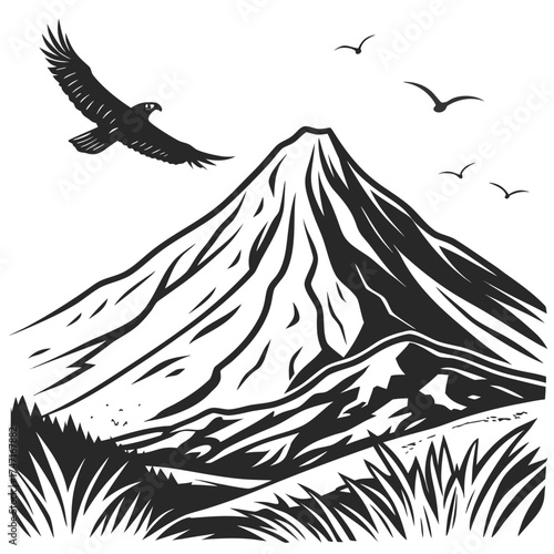 Black silhouette of a hawk flying over a volcanic mountain