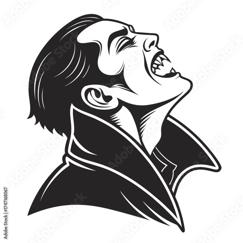 Black silhouette of a vampire with fangs bared white