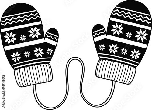 Winter mittens vector graphic black and white illustration