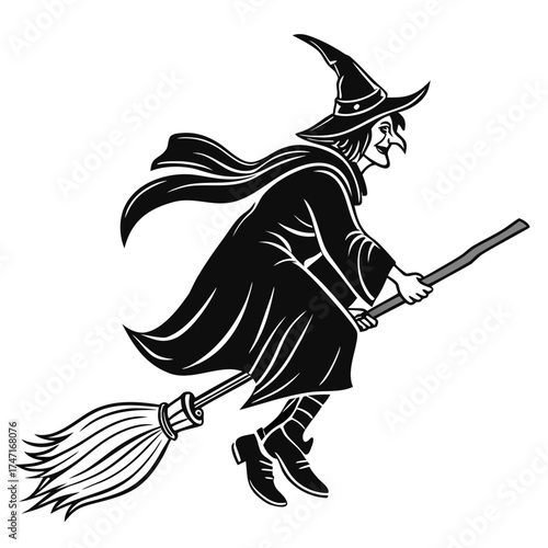 Black silhouette of a witch flying on a broomstick 1