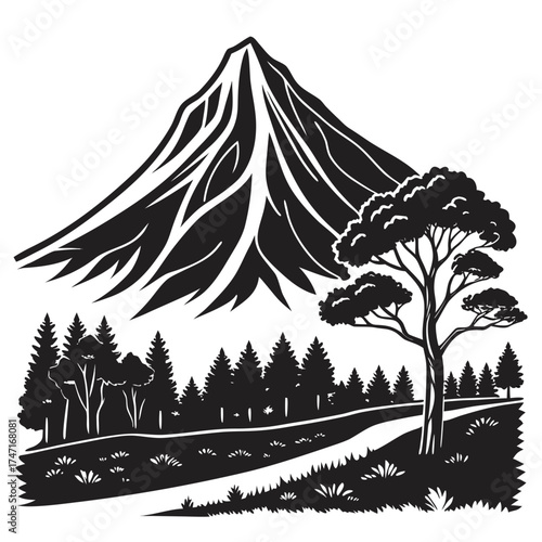 Black silhouette of a volcanic mountain and forest landscape