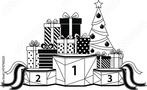 Christmas gifts on podium coloring page vector illustration