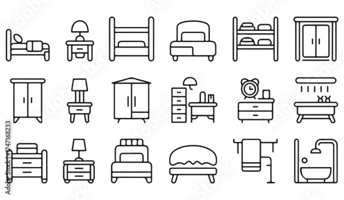 Minimalist furniture line icons – black and white vector illustration of bedroom and home interior items