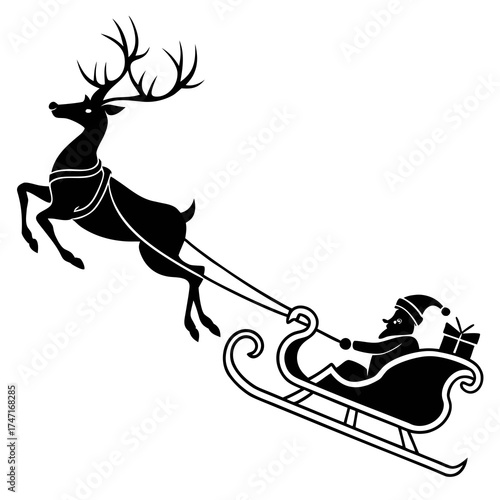 Black silhouette of reindeer pulling Santa sleigh with gifts