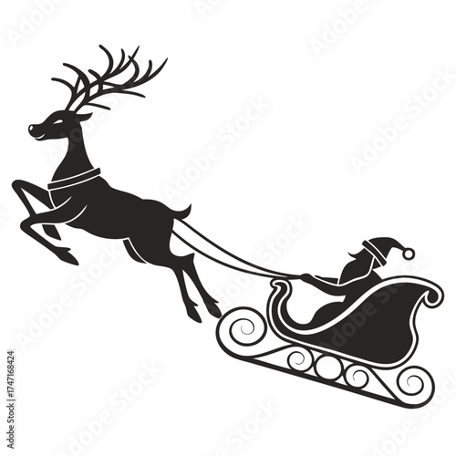 Black silhouette reindeer pulling Santa sleigh vector