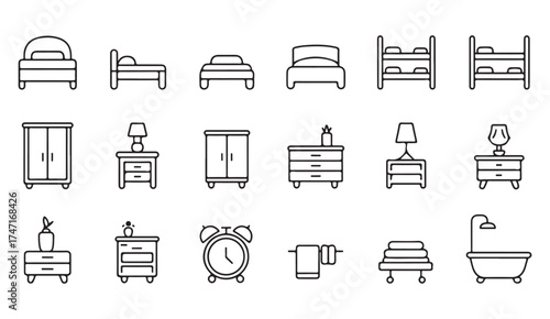 Modern bedroom essentials icon set – vector illustration of beds, lamps, and wardrobes for home decor and furniture concepts