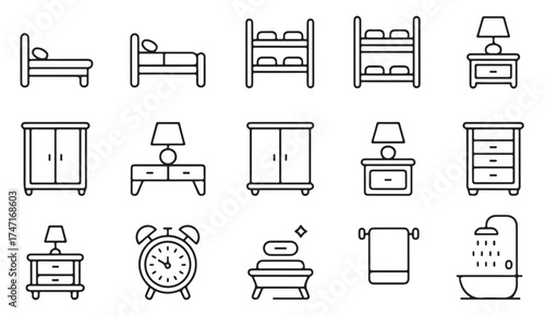 Vector set of bedroom furniture icons – minimalist black and white line art of beds, wardrobes, lamps, and decor items