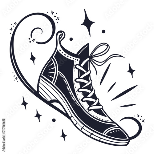 Black sneaker with curled toe and decorative swirls