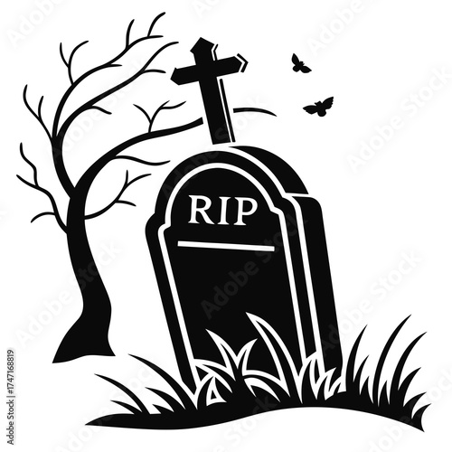 Black tombstone with R I P text and bare tree gravestone