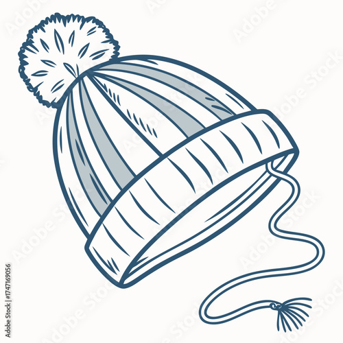 Blue and white striped winter beanie hat with pom winter hat