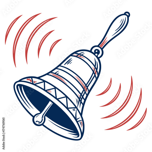 Blue and red sleigh bell with sound waves ringing