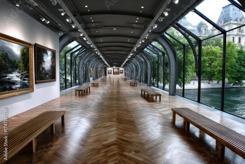 Wallpaper Mural Modern art gallery with scenic river view and wooden benches dur Torontodigital.ca