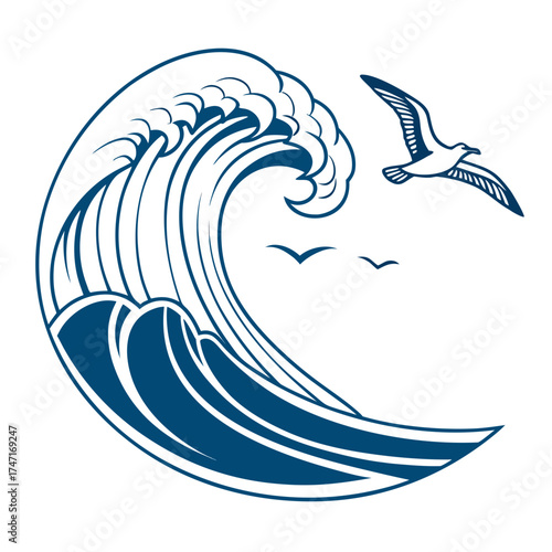 Blue wave with flying seagulls graphic ocean water