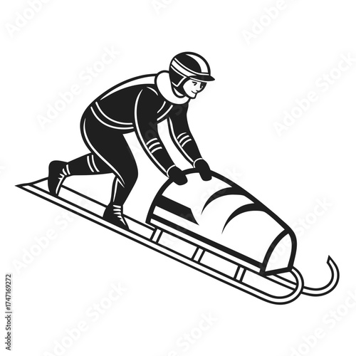 Bobsledder pushing sled on white background bobsleigh