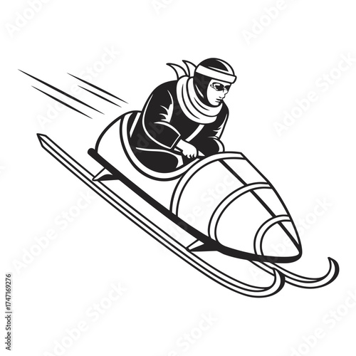 Bobsledder in black and white illustration bobsleigh