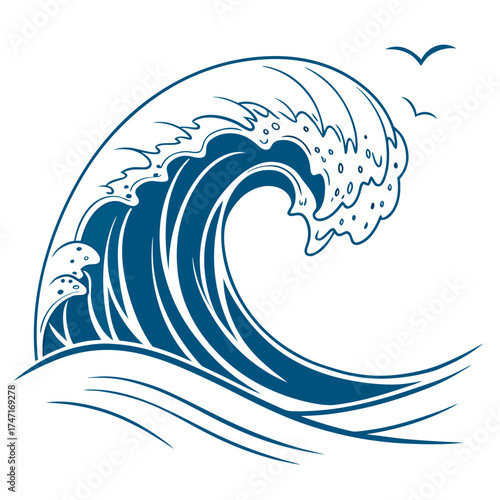 Blue wave with seagulls graphic ocean water
