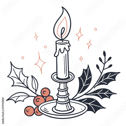 Christmas candle with holly berries and stars flame