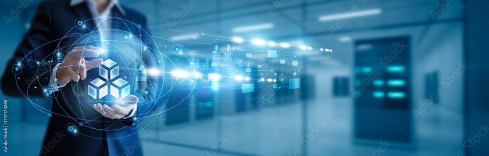Fototapeta premium Businessman hand hold blockchain technology, decentralized systems, cryptocurrency platforms, distributed ledgers, smart contracts, fintech solutions, tokenization, peer-to-peer transactions