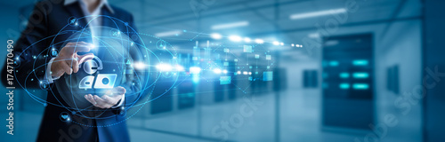 Fotografía Businessman hand hold customer support, helpdesk solutions, live chat service, t